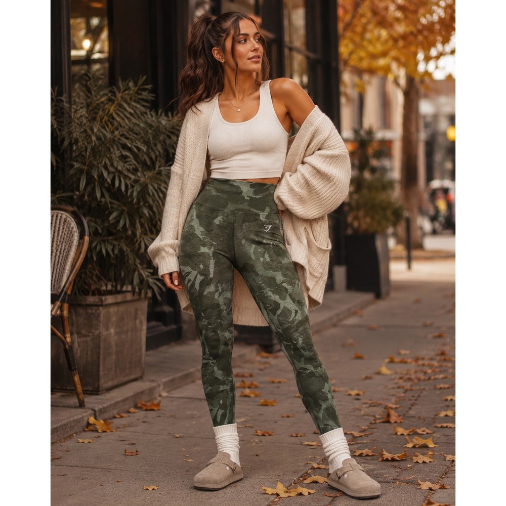 Gymshark Adapt Camo Seamless Leggings Green High Rise Scrunch Bum 22.5 Inseam